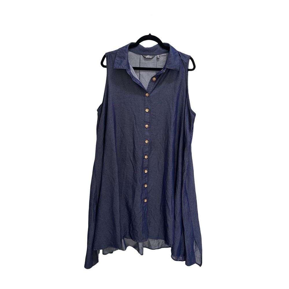 Mlle Gabrielle Womens 2X Blue Sleeveless Button Down Denim Look Tunic Top